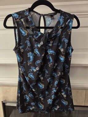 41 Hawthorn Black Blue Paisley Sleeveless Twist Neck Blouse Top Size S